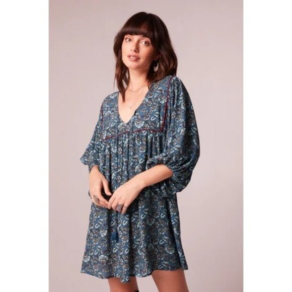 Band Of The Free Mallory Floral Babydoll Mini Dress Size Medium Deep Teal Aqua - Picture 5 of 16